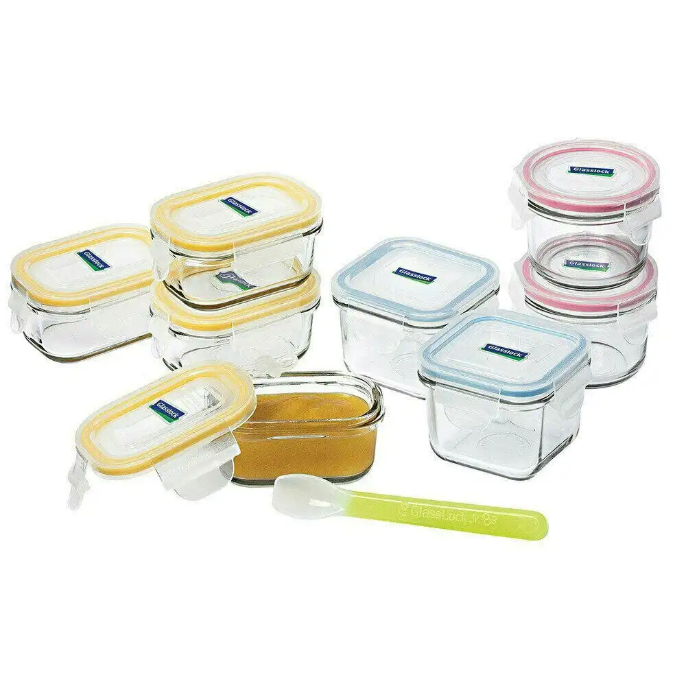 Glasslock Baby Food Glass Container 9pc Set W/ Lid + Silicon Spoon