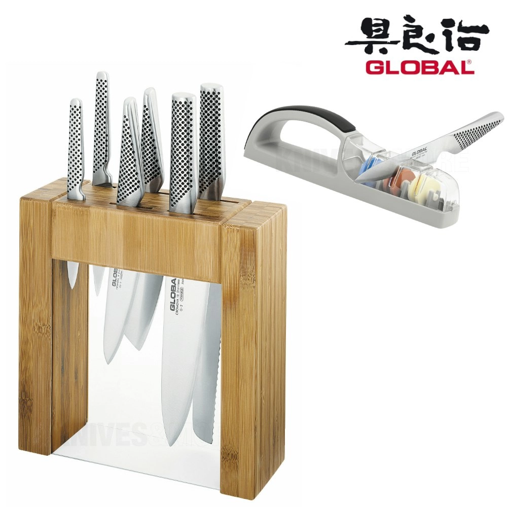 Global Ikasu 7pc Knife Block Set + 3 Stage Mino Sharpener