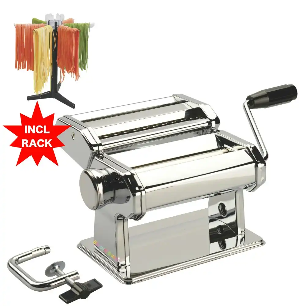 Avanti 180mm Adjustable Pasta Making Machine Stainless Steel + Drying Rack