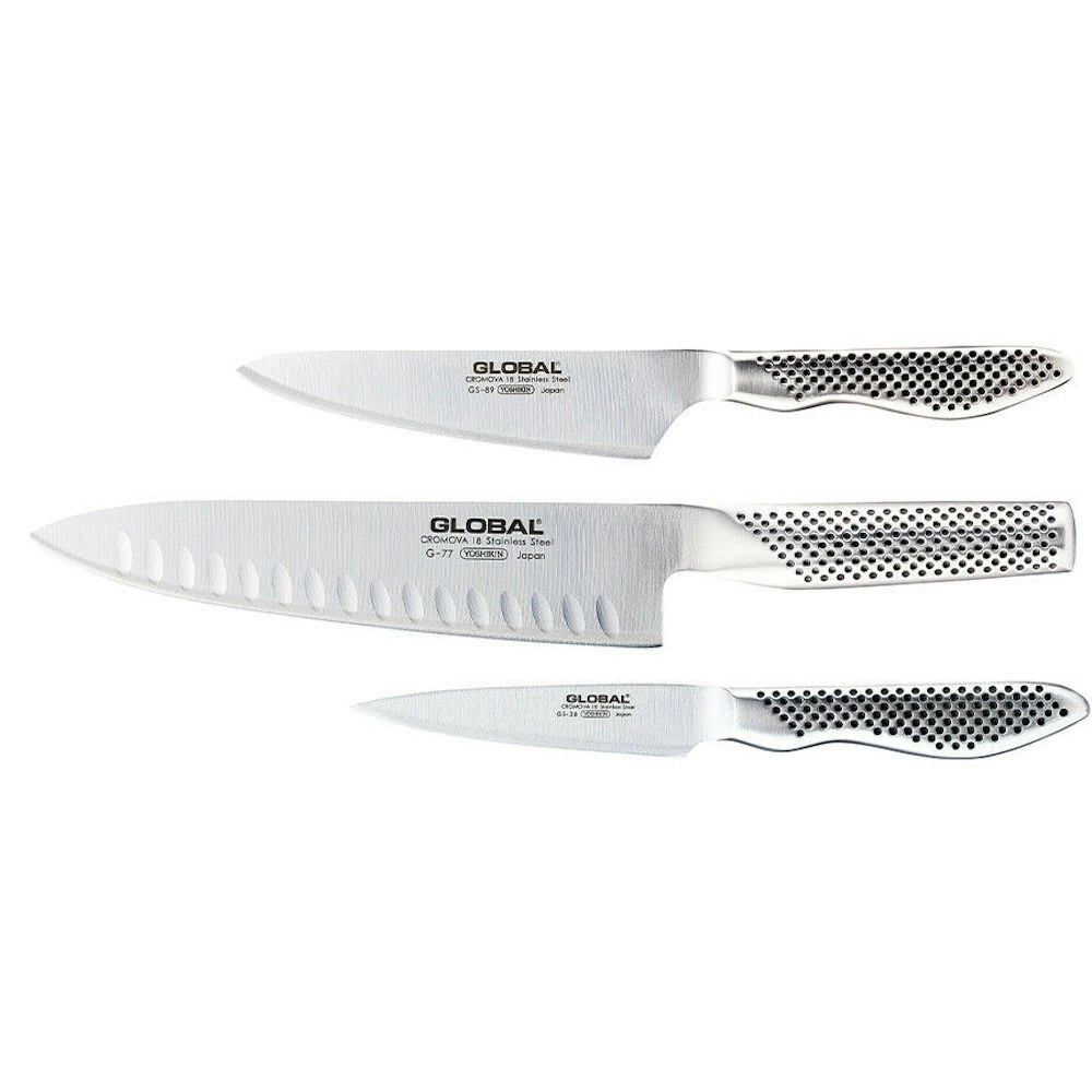 Global 3pc Kitchen Knife Set | 9cm Paring , 20cm Cooks Fluted , 13cm Cooks | 79630