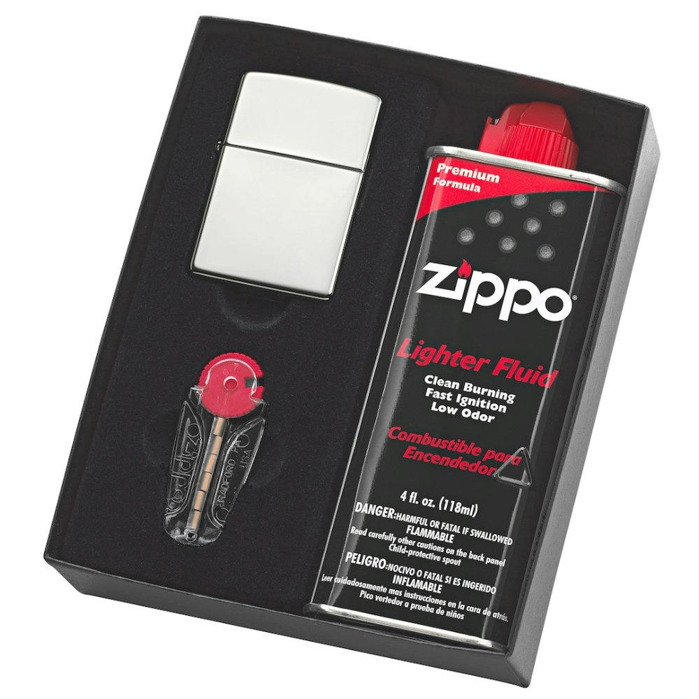 Zippo #250 High Polished Chrome Lighter Gift Set  W/ Fluid & Flints