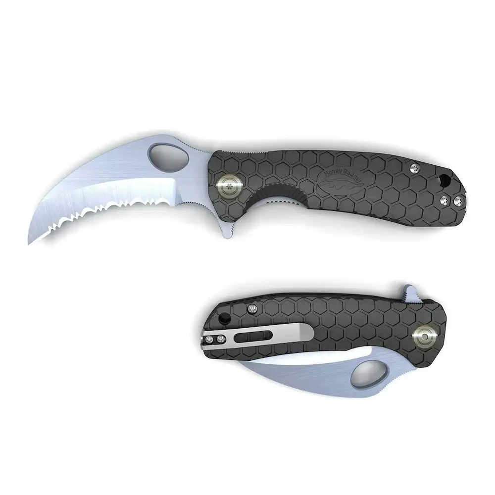 Honey Badger Claw Serrated Blade Medium Pocket Folding Knife - Black YHB1131