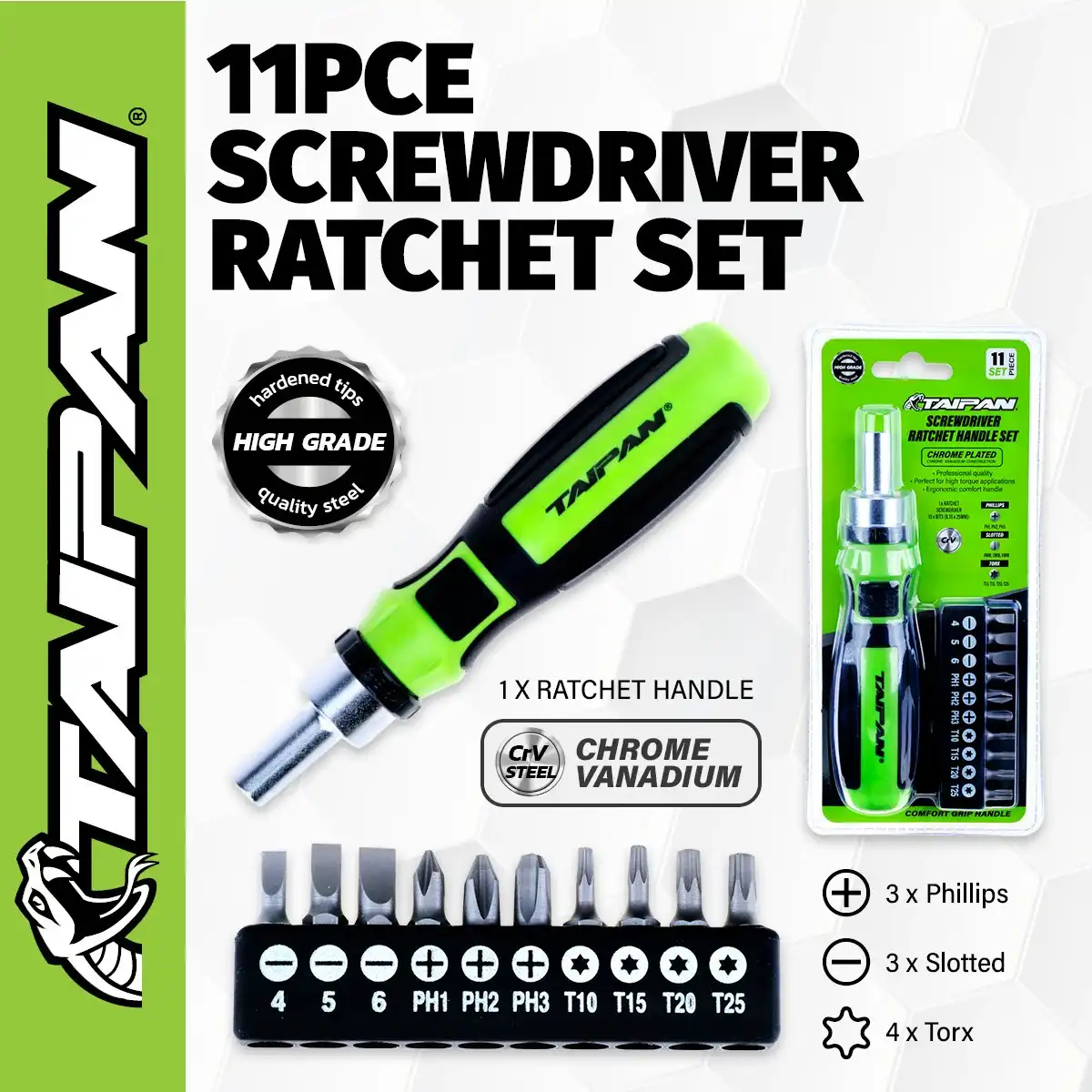 Taipan 11PCE Screwdriver Ratchet Set Premium Quality Chrome Vanadium Steel