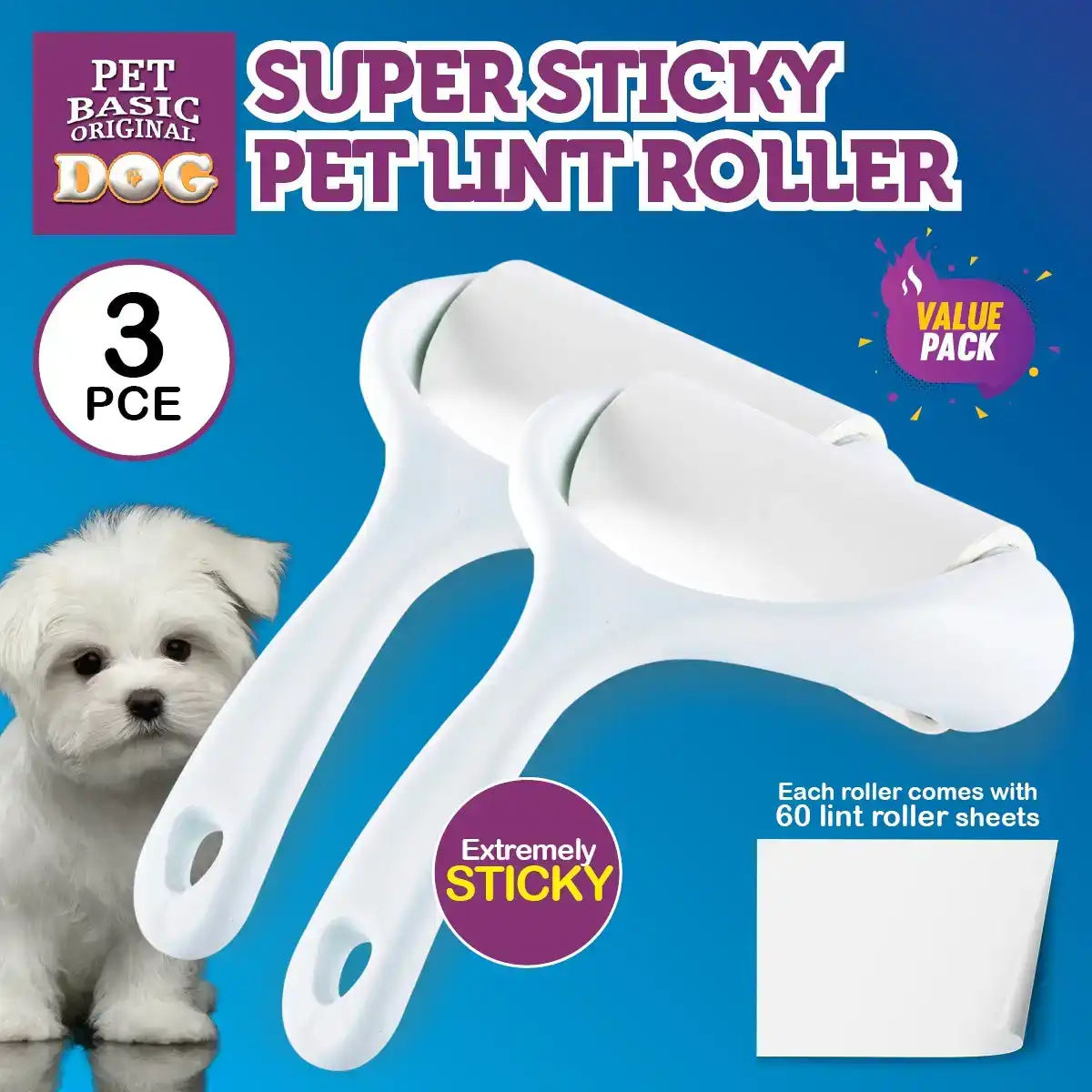 Pet Basic® 3PCE Premium Fur Lint Roller Dog/Cat Super Sticky Easy Peel