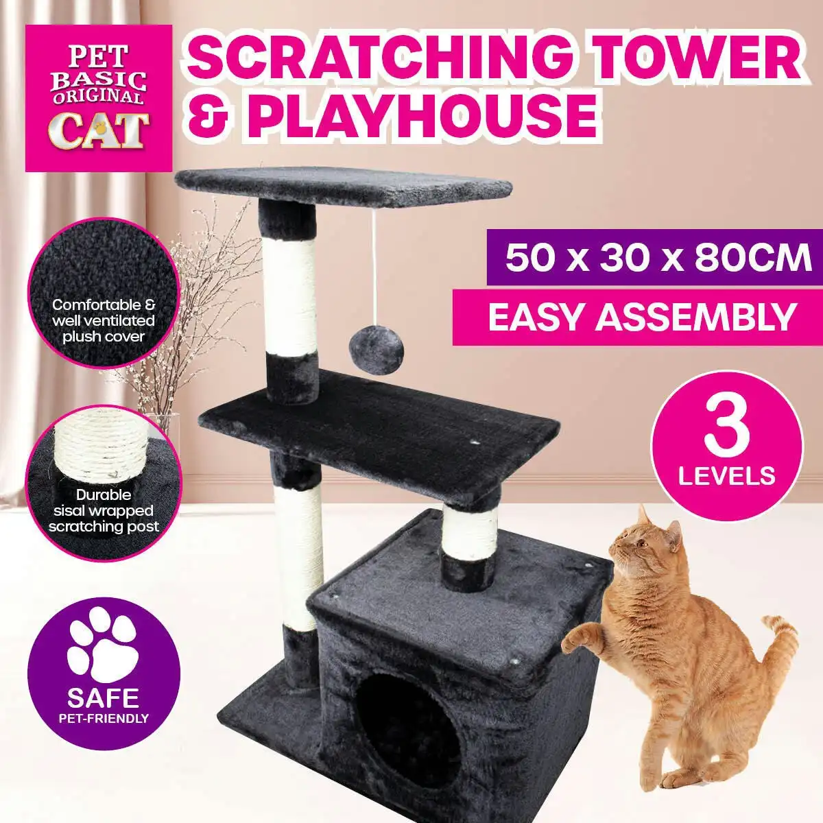 Pet Basic 3 Level Cat Scratching Tower & Playhouse Scratch 80 x 40 x 50cm