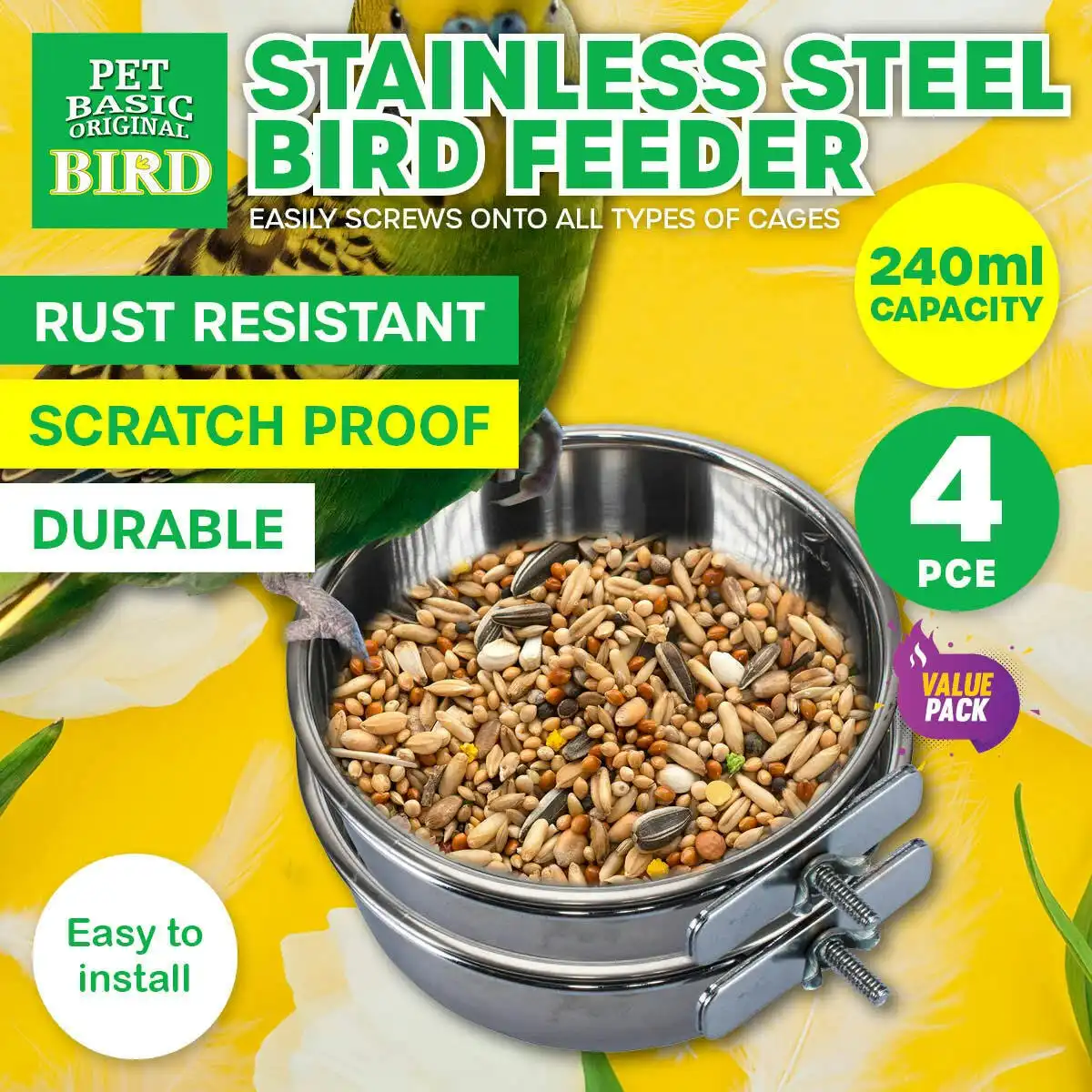 Pet Basic 4PCE Bird Feeders Stainless Steel Spill & Rust Proof Durable 240ml