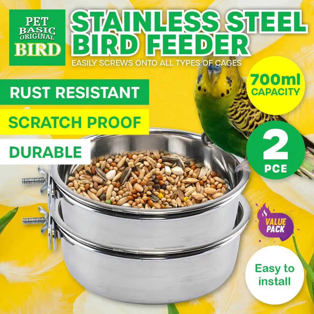 Pet Basic 2PCE Bird Feeders Stainless Steel Spill & Rust Proof Durable 700ml