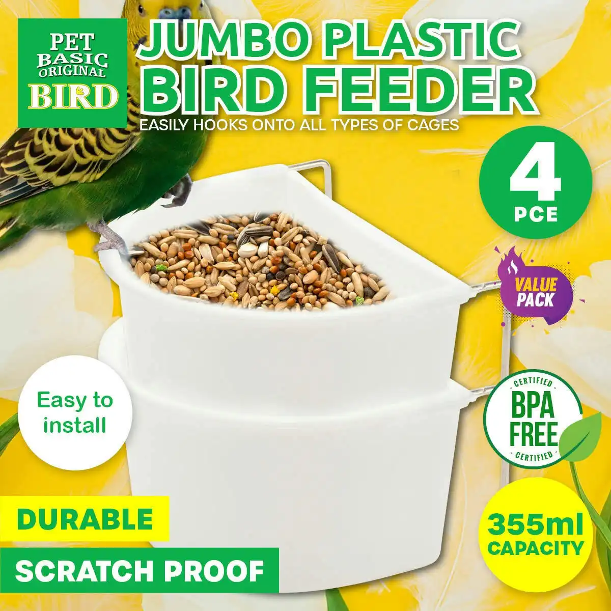 Pet Basic 4PCE Bird Feeders Plastic Jumbo Size Food Water Spill Proof 355ml