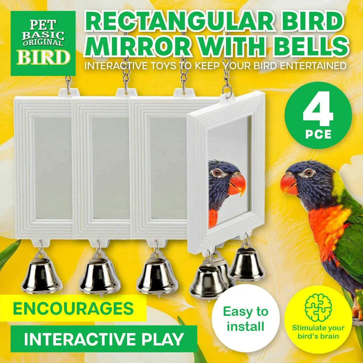 Pet Basic 4PK Bird Mirror With Bells Easy Hook Installation Fun Entertaining