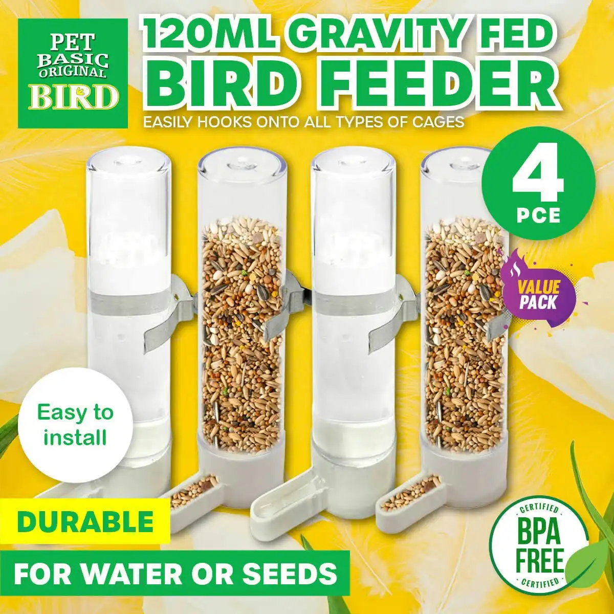 Pet Basic 4PCE Bird Feeders Food Water Spill Proof Easy Install 120ml