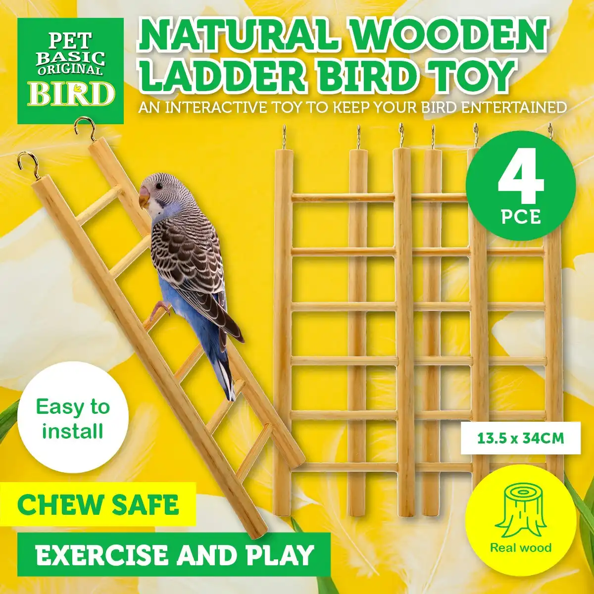 Pet Basic 4PCE Wooden Ladder Bird Toy Natural Wood Stimulating 13.5 x 34cm