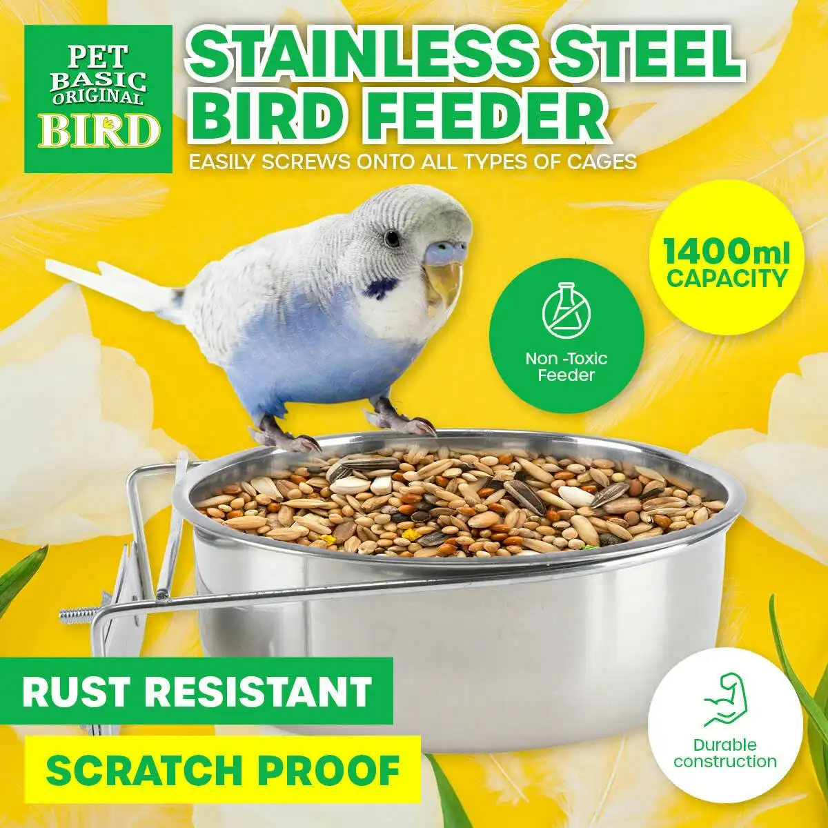 Pet Basic Bird Feeder Stainless Steel Spill & Rust Proof Durable 1400ml