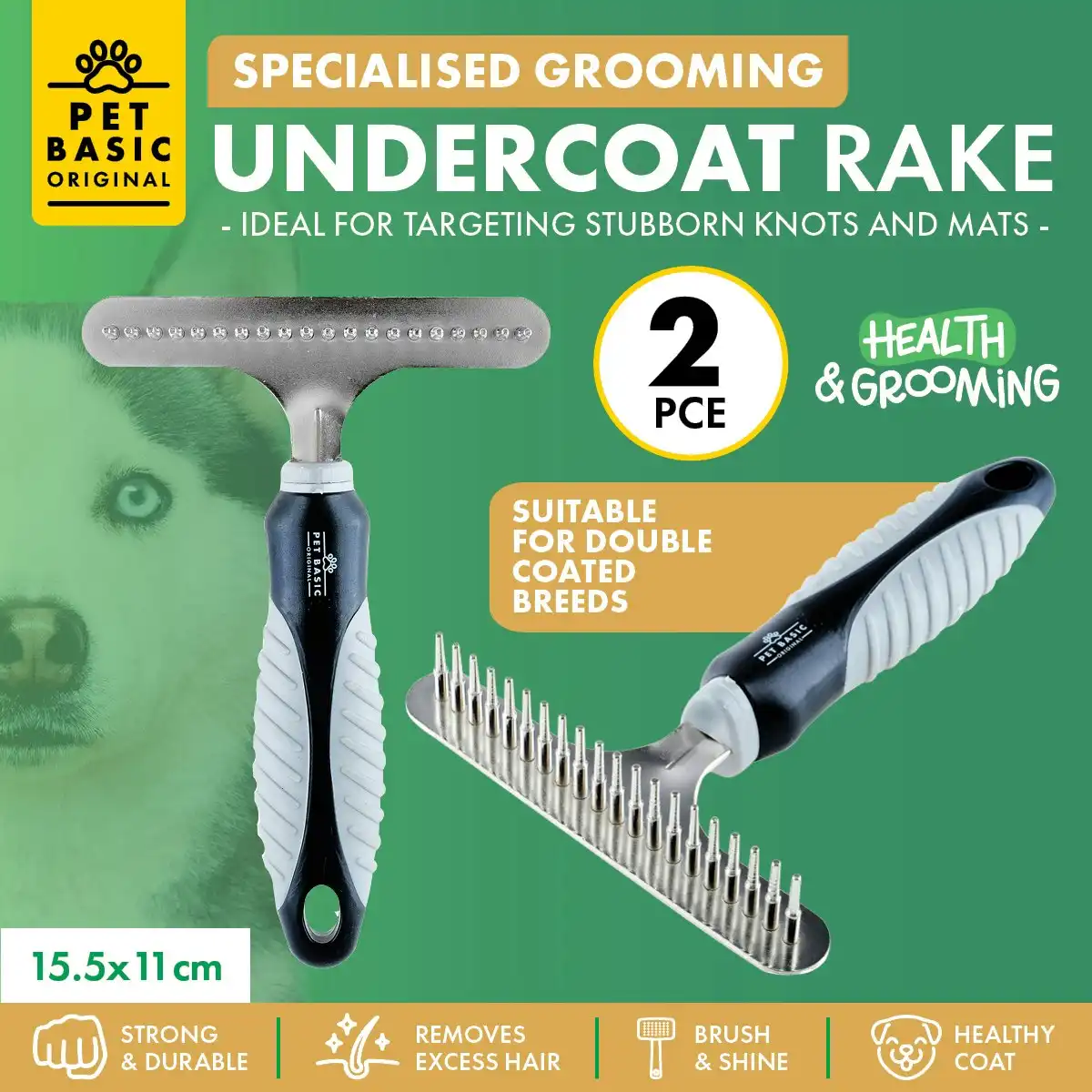 Pet Basic 2PCE Grooming Undercoat Comb Detangle & Remove Excess Fur 15.5cm