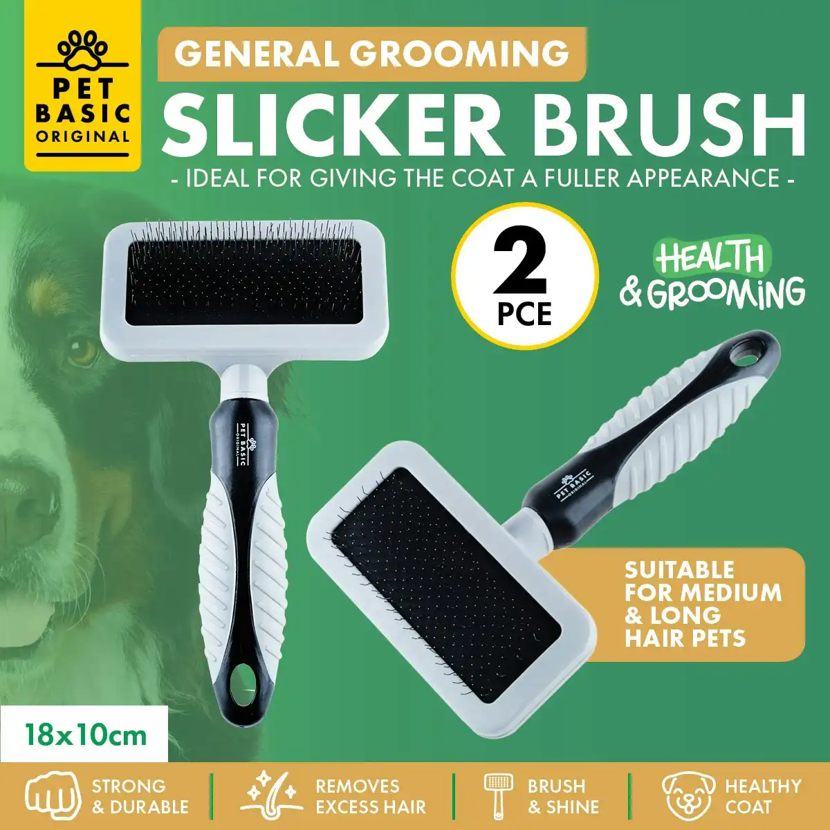 Pet Basic 2PCE Grooming Slicker Brush Detangle & Remove Excess Fur 18cm
