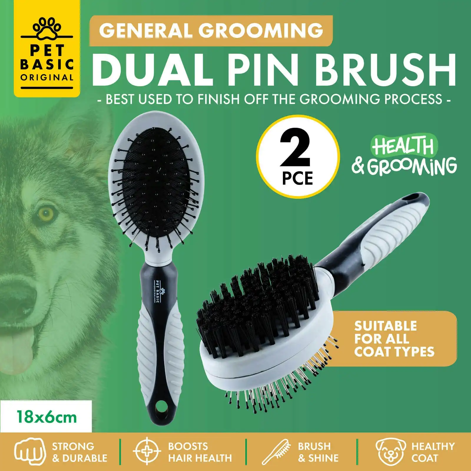 Pet Basic 2PCE Dual Grooming Brush Gentle Bristles Remove Excess Fur 19cm