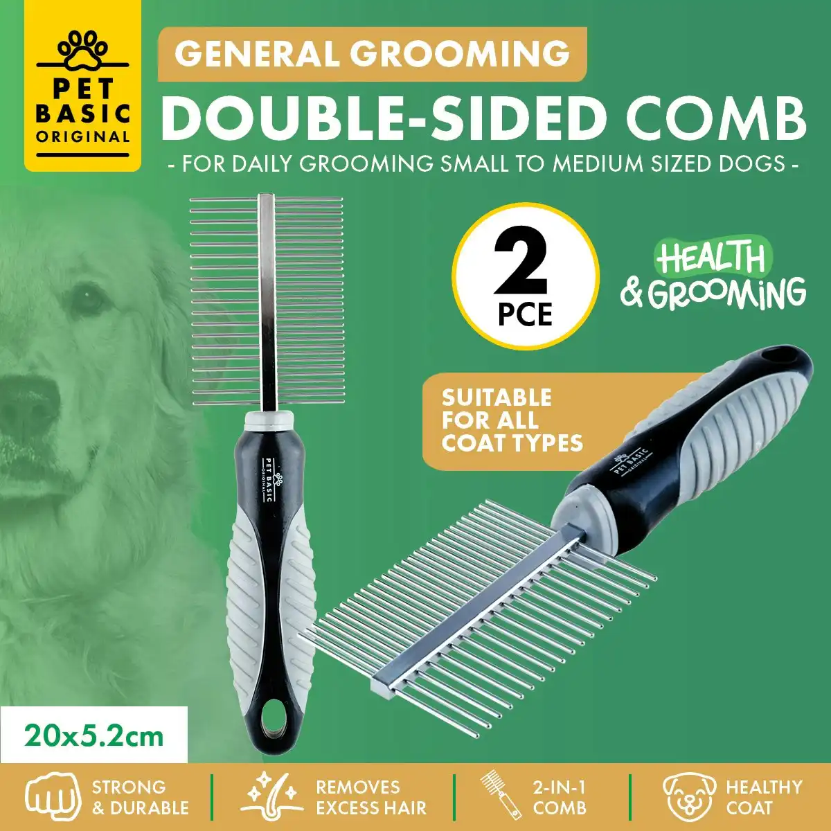 Pet Basic 2PCE Double-Sided General Grooming Comb Remove Excess Fur 20cm