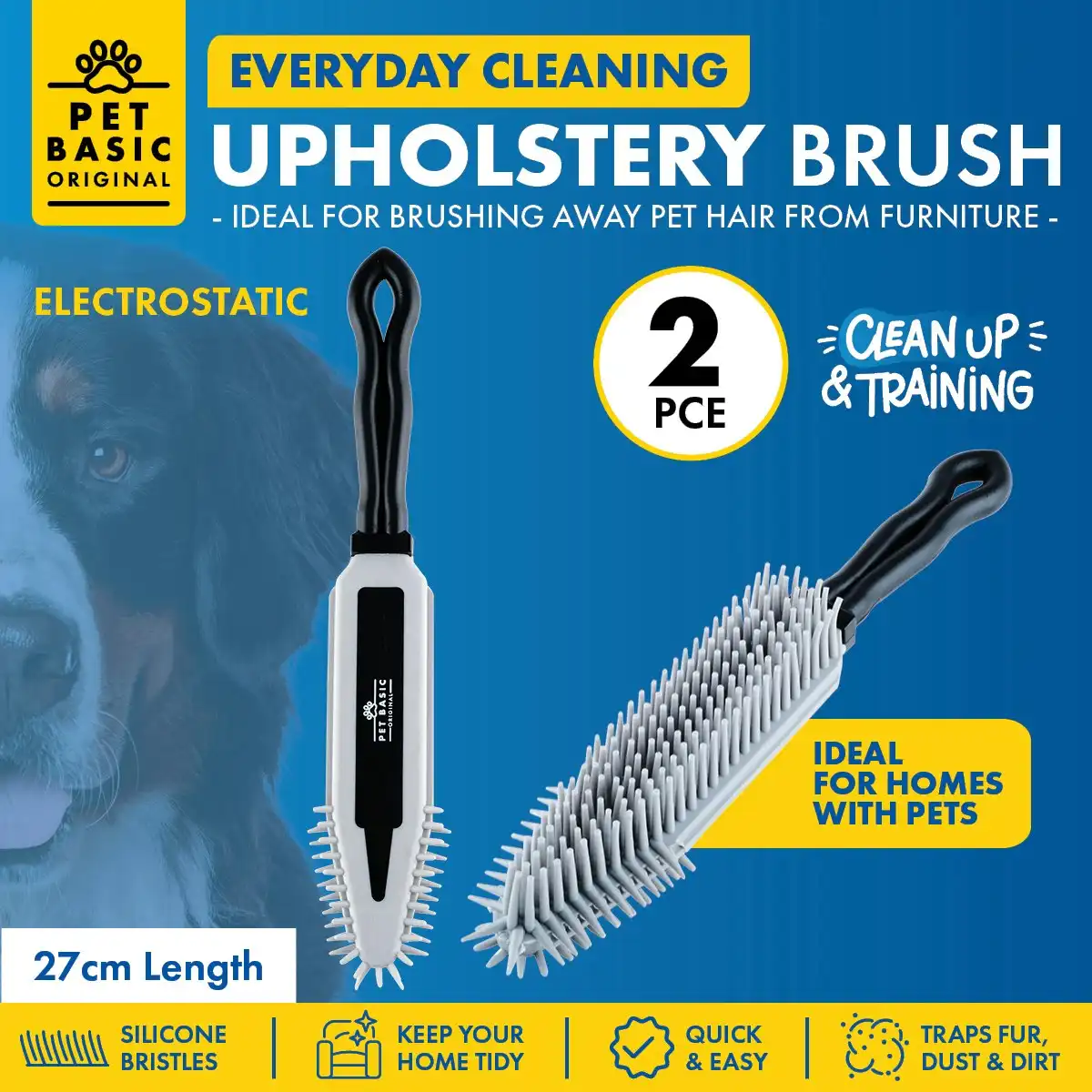 Pet Basic 2PCE Upholstery Brush Silicone Bristles Remove Excess Fur 27cm