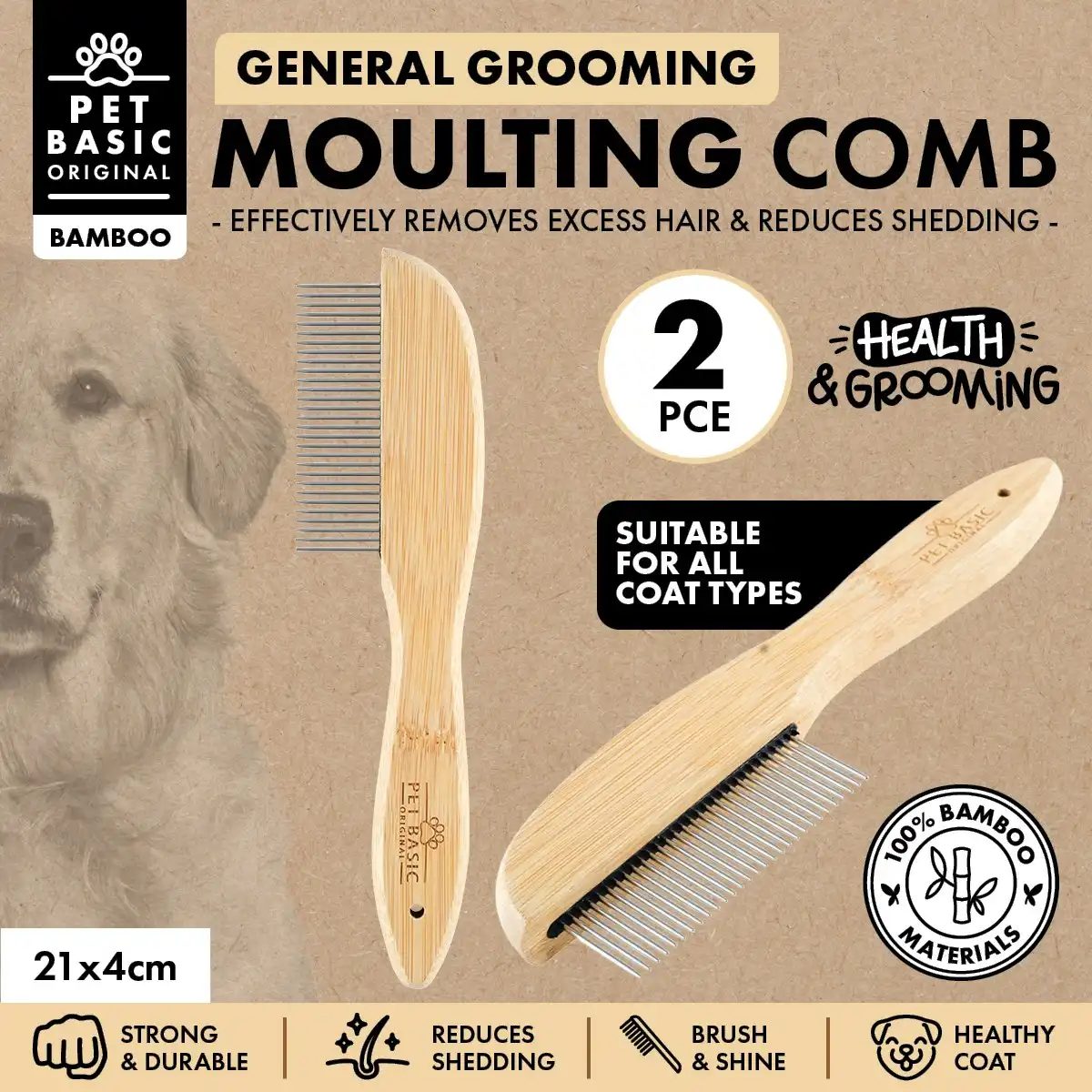 Pet Basic 2PCE Moulting Comb Bamboo Design Remove Reduce Excess Fur 21cm