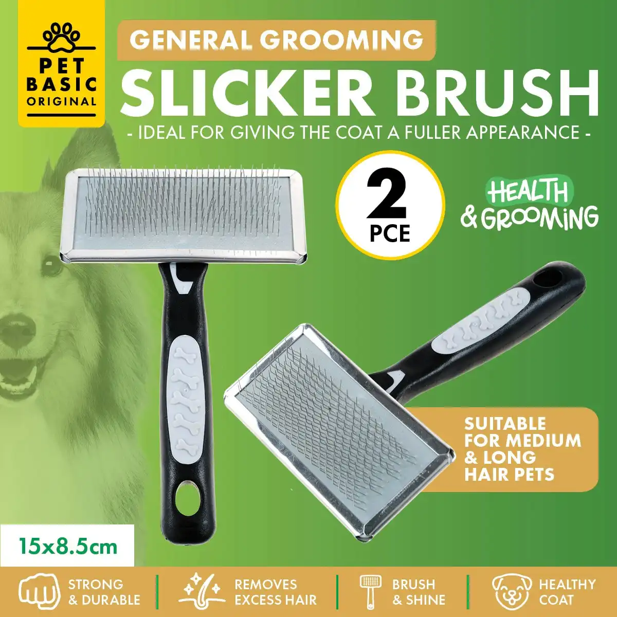 Pet Basic 2PCE Grooming Slicker Brush Detangle & Remove Excess Fur 15cm