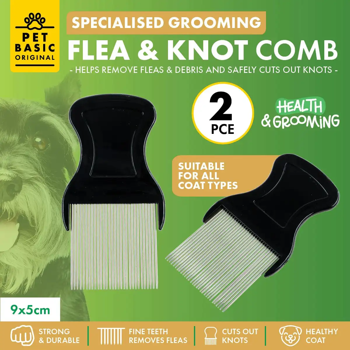 Pet Basic 2PCE Flea & Knot Grooming Comb Fine Teeth Reduce Knots 9cm