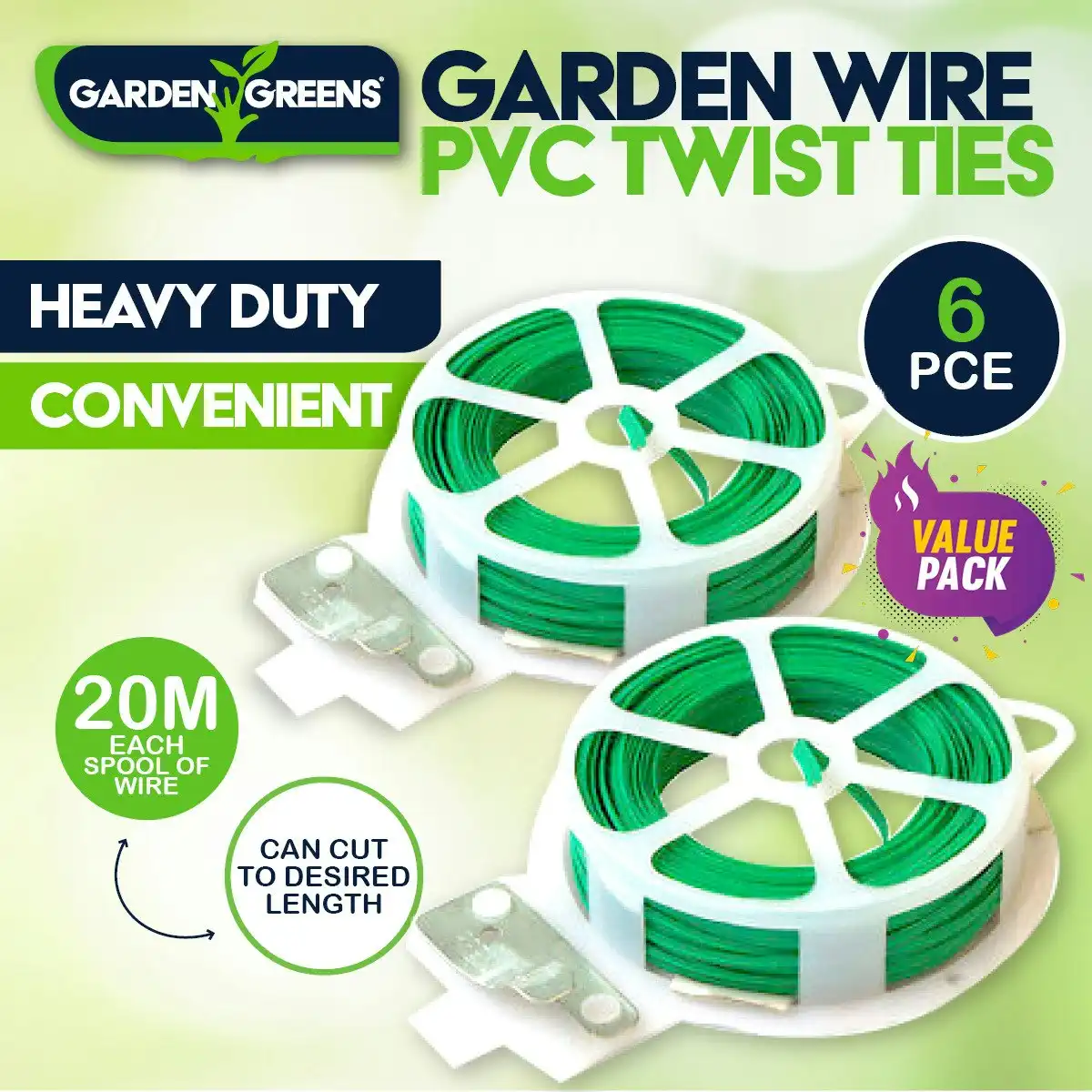 Garden Greens 6PCE Garden Twist Ties Wire Heavy Duty Plants Vines Flowers 20m