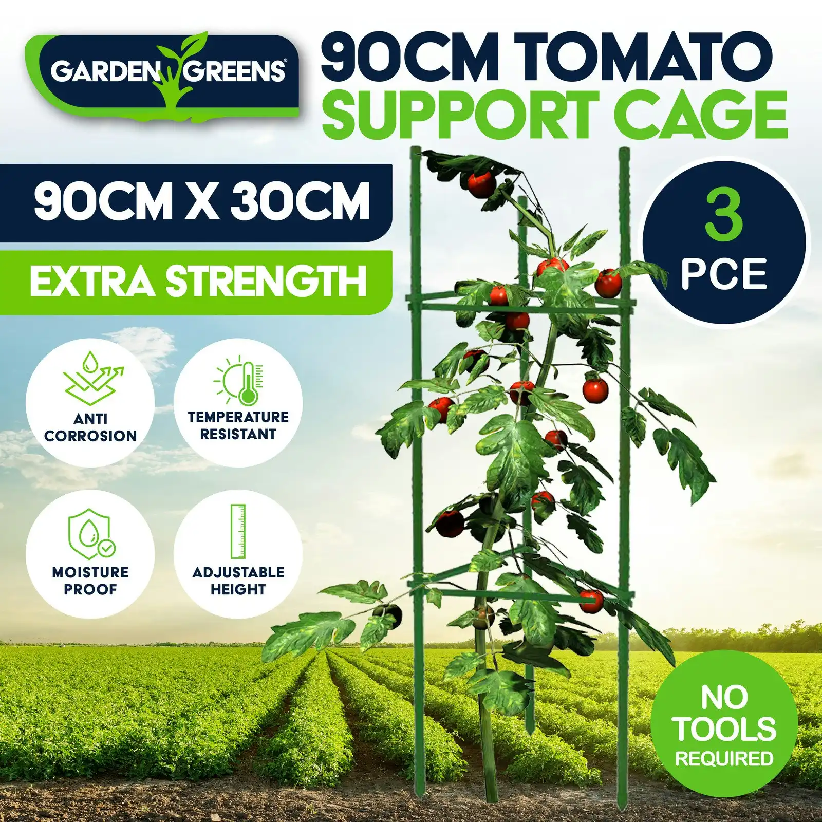 Garden Greens 3PK Plant Support Fruit Vegetables Adjustable Height Sturdy 90cm