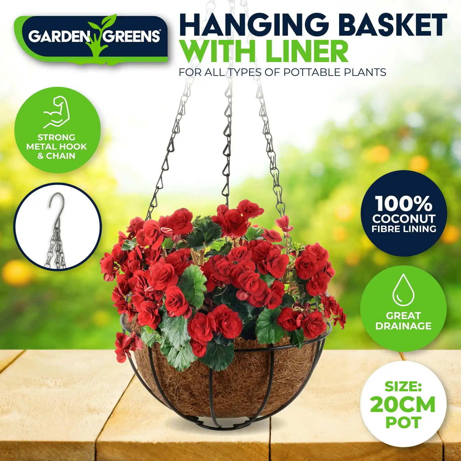 Garden Greens Hanging Planter Basket Coconut Fibre Lining Strong Chain 20cm