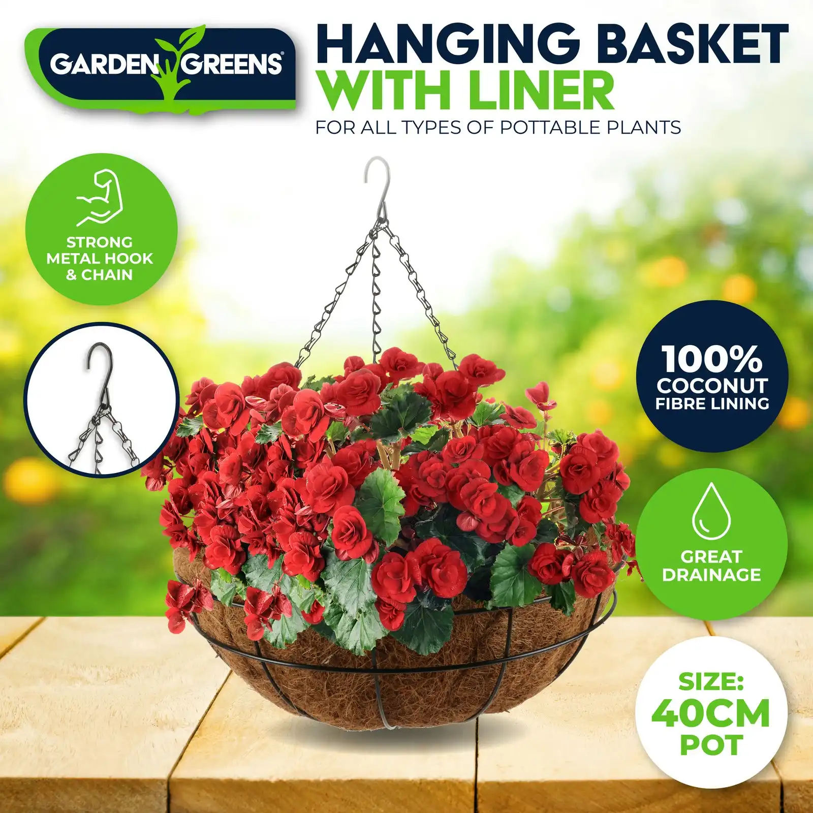 Garden Greens Hanging Planter Basket Coconut Fibre Lining Strong Chain 40cm
