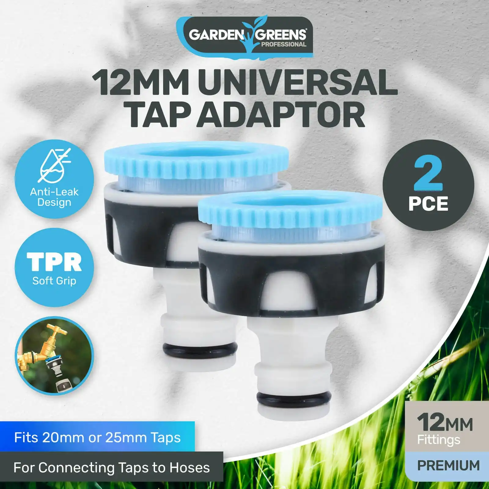 Garden Greens 2PCE Tap Adaptor Premium Quality UV Resistant Anti Leak 12mm