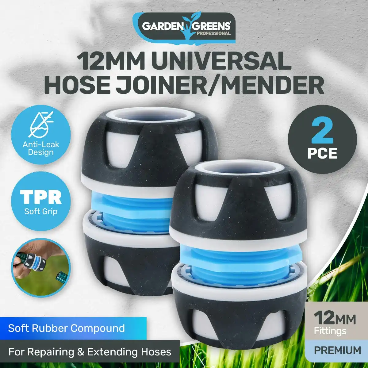 Garden Greens 2PCE Hose Joiner/Mender Premium Quality Anti - Leak Design 12mm