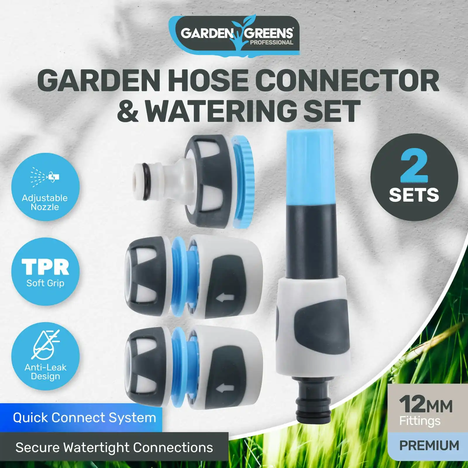 Garden Greens 2 Sets Hose Connector & Watering Sets Premium Quality 12mm