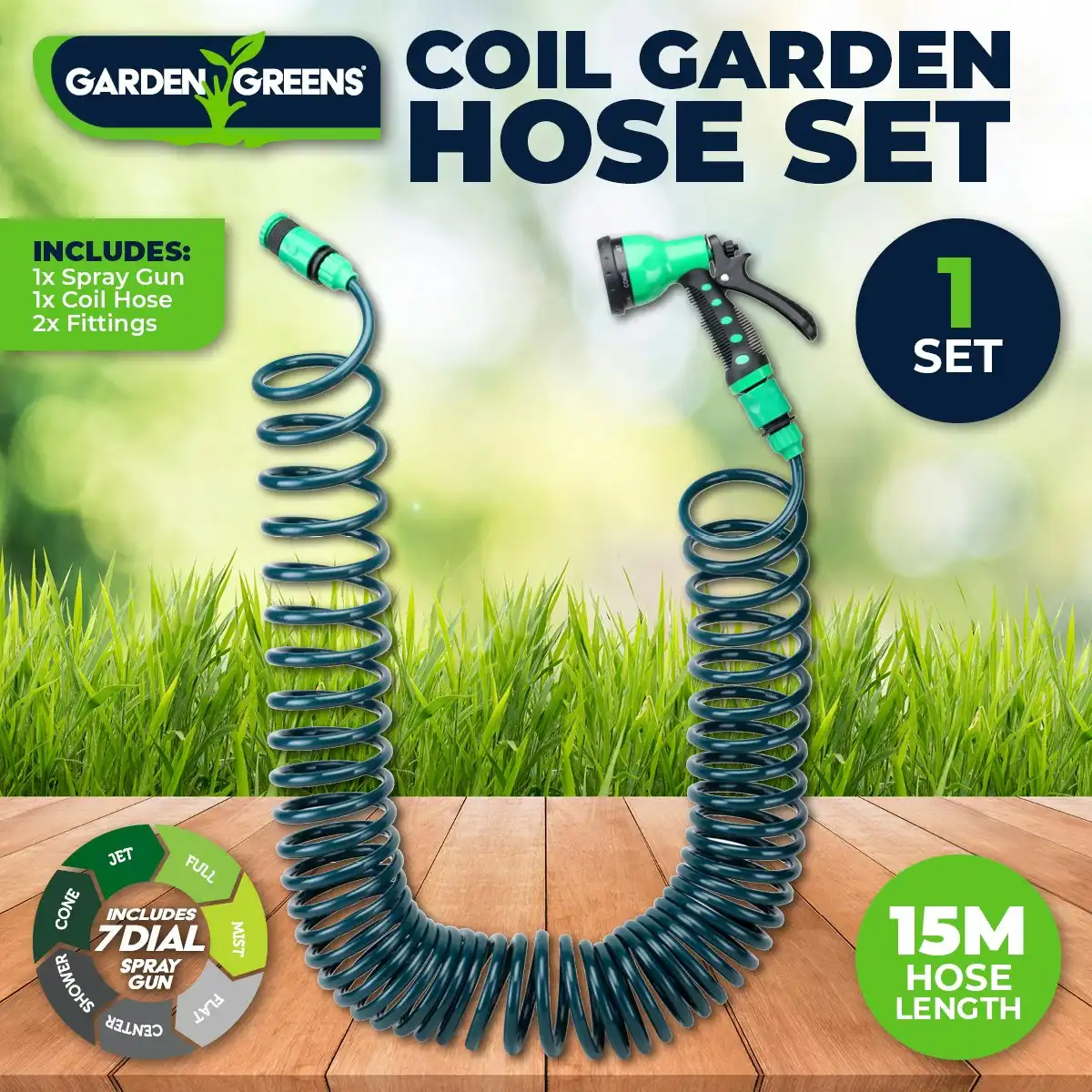 Garden Greens Garden Hose Set Coil Design 7 Dial Spray Gun & Fittings 15m
