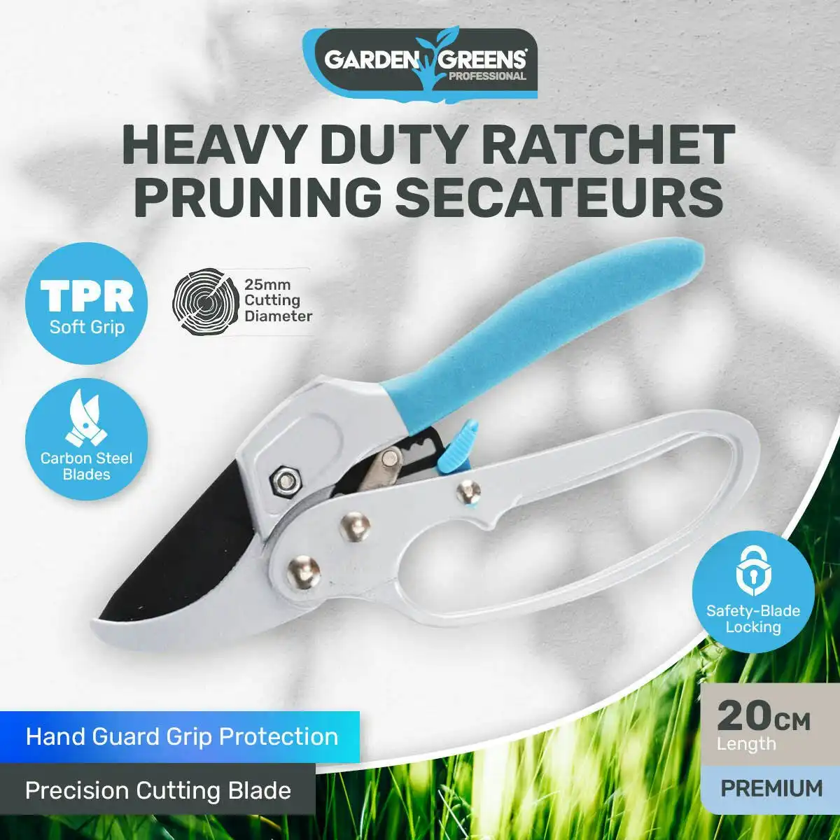 Garden Greens Ratchet Pruning Secateur Premium Carbon Steel Blades 20cm