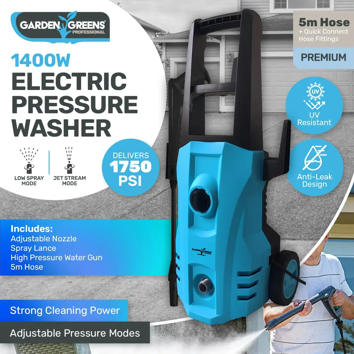 Garden Greens 1400W Electric Pressure Washer Adjustable Modes 1750PSI