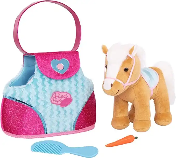 Pucci Pups Beige Horse with Blue Stripes and Pink Pony Bag