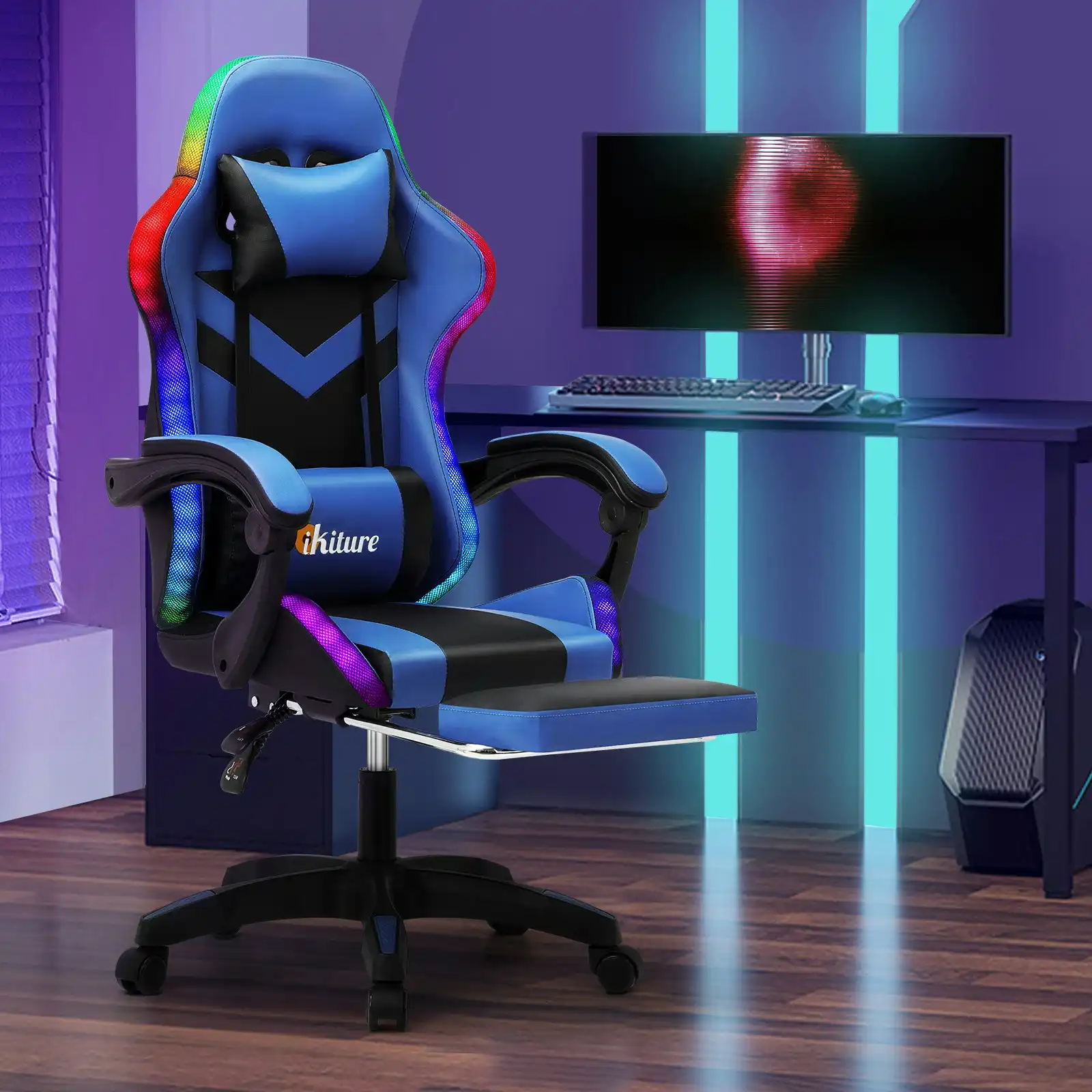 Oikiture Gaming Chair 7 RGB LED Massage Racing Recliner Office Computer Footrest