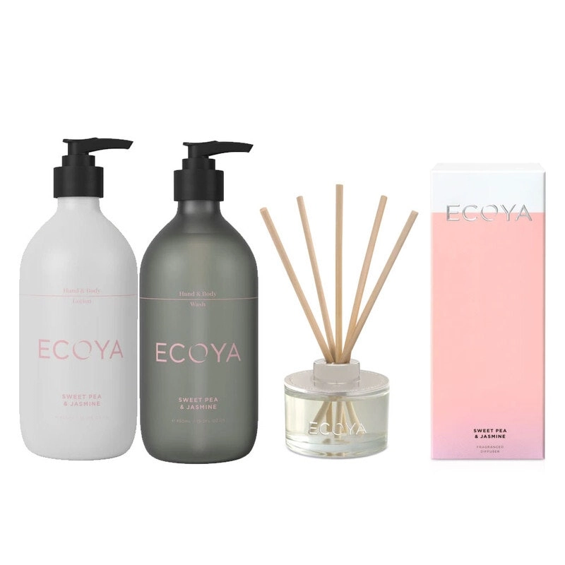 Ecoya Sweet Pea & Jasmine The Fragrant Bathroom set - 450ml Wash, 450ml Lotion, 50ml Diffuser