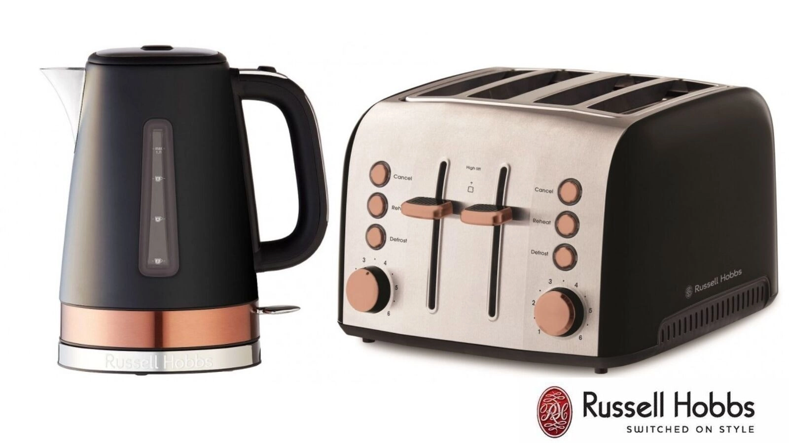 Russell Hobbs Brooklyn 4 Slice Toaster Kettle Set - Black/Copper