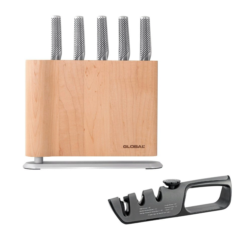 Global 79656 UKU 6 Piece Knife Block Maple with Bonus Acuminate Adjustable Knife Sharpener