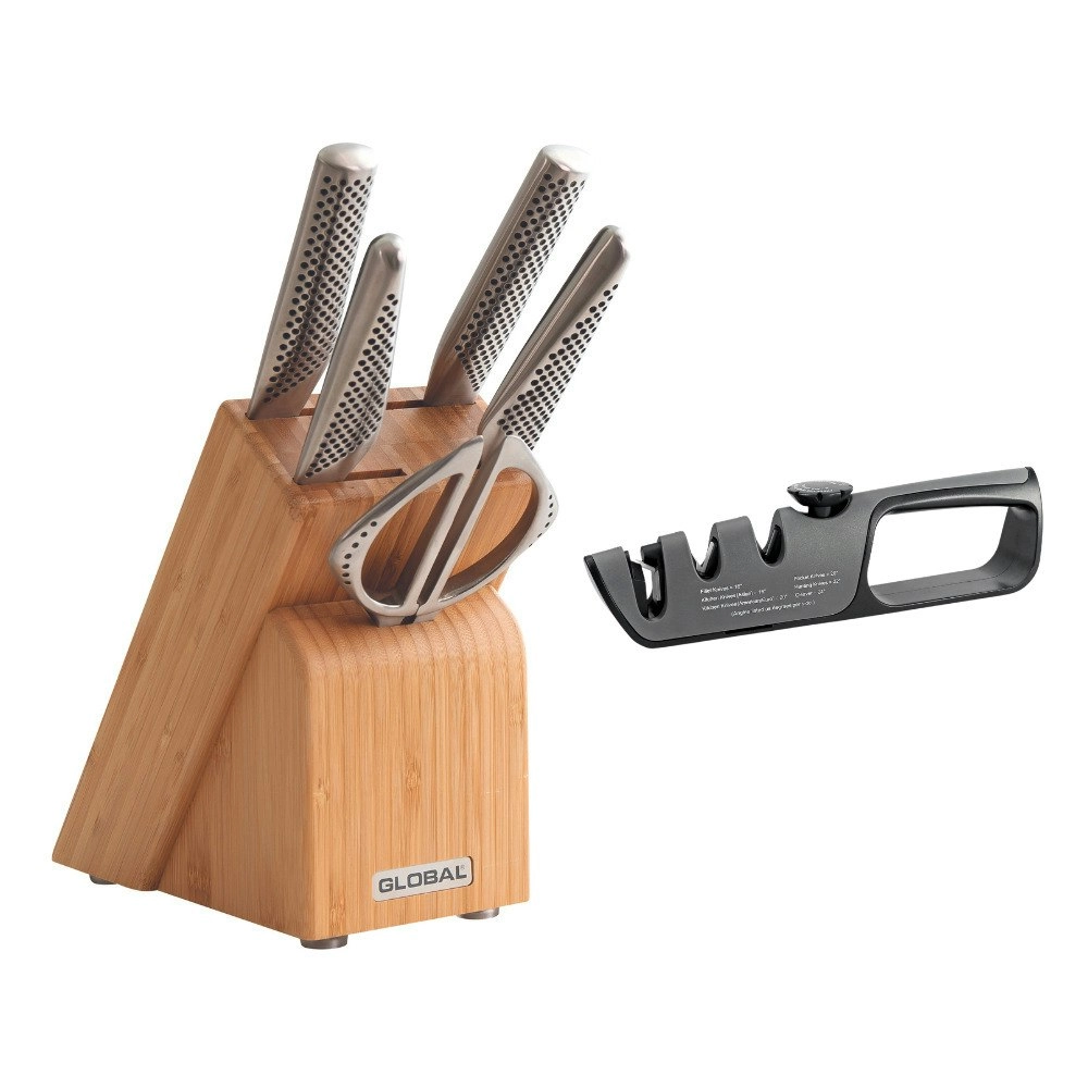 Global Takashi 6 Piece Knife Block Set - Bamboo with Bonus Acuminate Adjustable Knife Sharpener