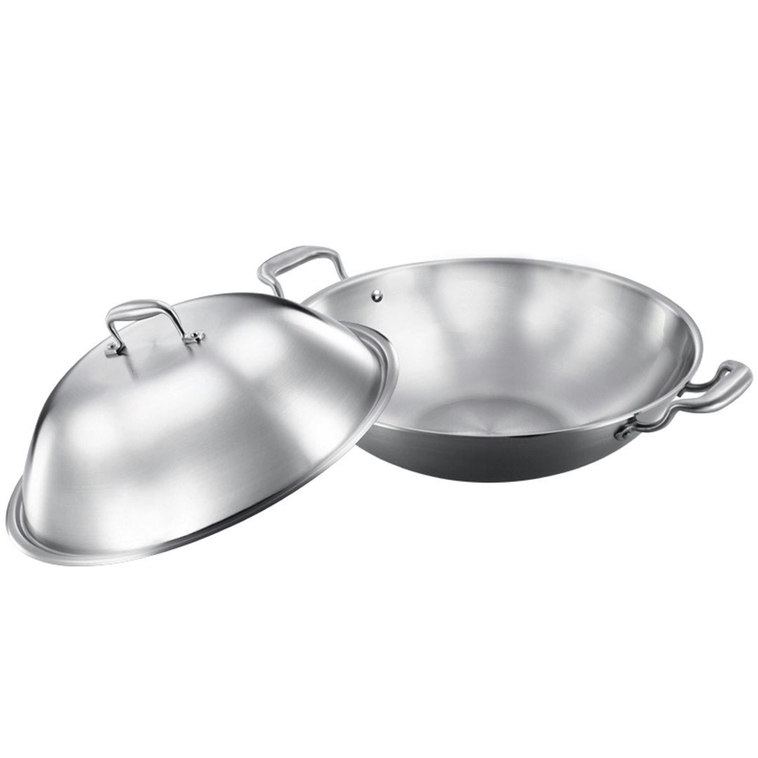 Soga 3-Ply 38cm Stainless Steel Double Handle Wok Frying Fry Pan Skillet with Lid