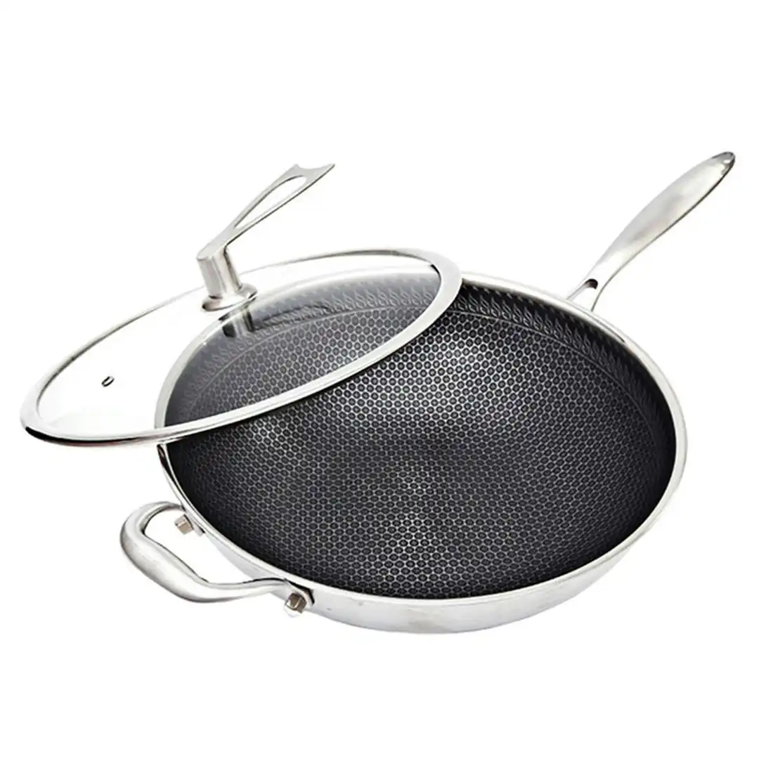 Soga 34cm Stainless Steel Tri-Ply Frying Cooking Fry Pan Textured Non Stick Skillet with Glass Lid and Helper Handle