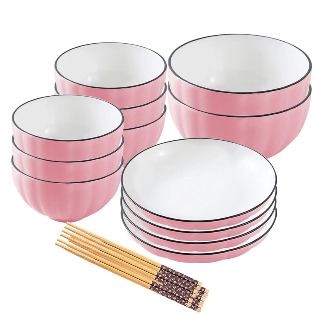 Soga Pink Japanese Style Ceramic Dinnerware Crockery Soup Bowl Plate Server Kitchen Home Decor Set of 12