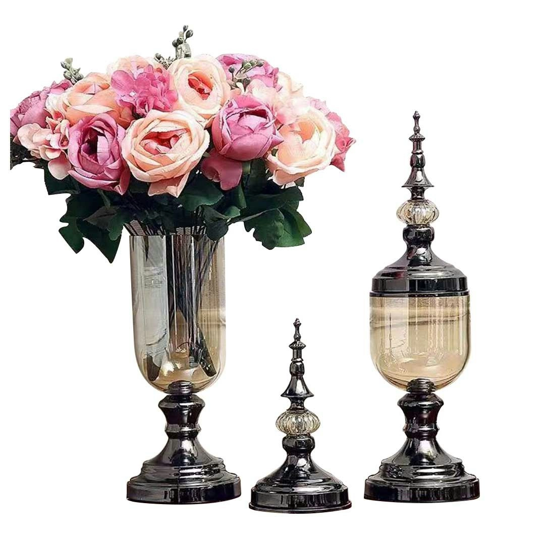 Soga 2 x Clear Glass Flower Vase with Lid and Pink Flower Filler Vase Black Set