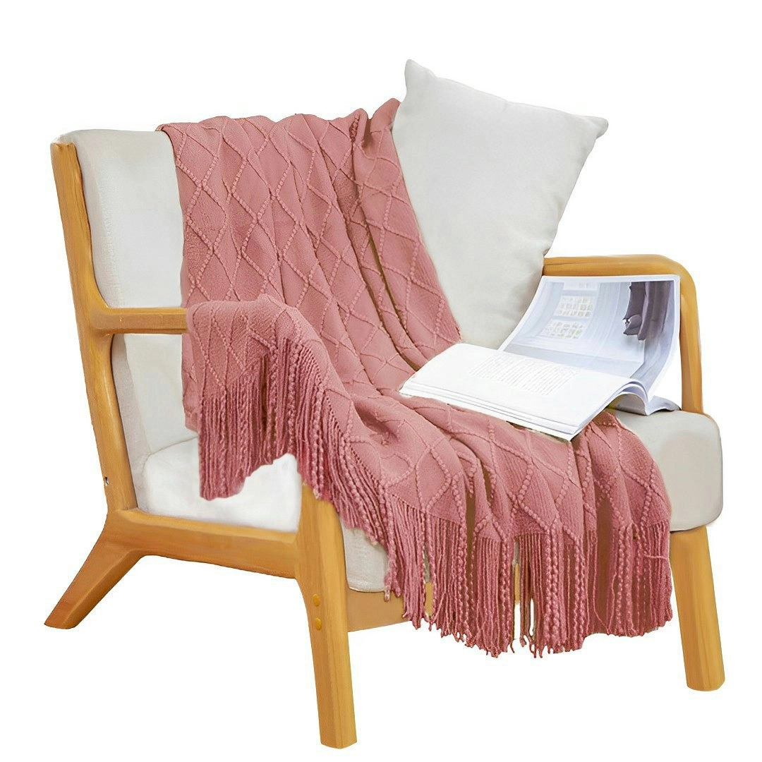 Soga Pink Diamond Pattern Knitted Throw Blanket Warm Cozy Woven Cover Couch Bed Sofa Home Decor with Tassels