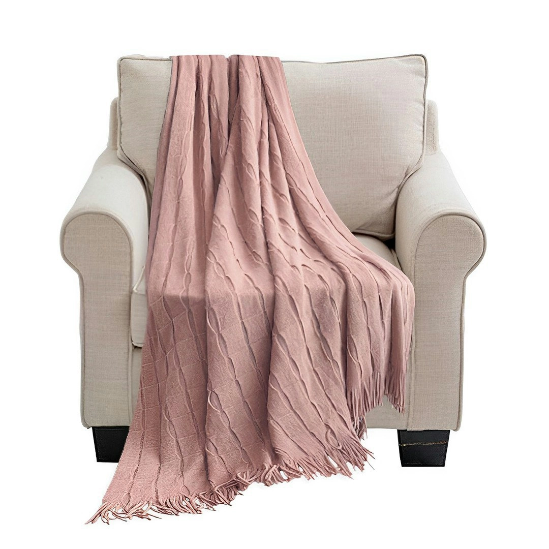 Soga Pink Textured Knitted Throw Blanket Warm Cozy Woven Cover Couch Bed Sofa Home Decor with Tassels