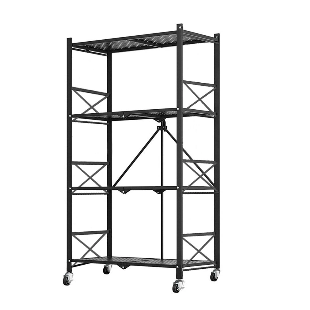 Soga 4 Tier Steel Black Foldable Display Stand Multi-Functional Shelves Storage Organizer with Wheels