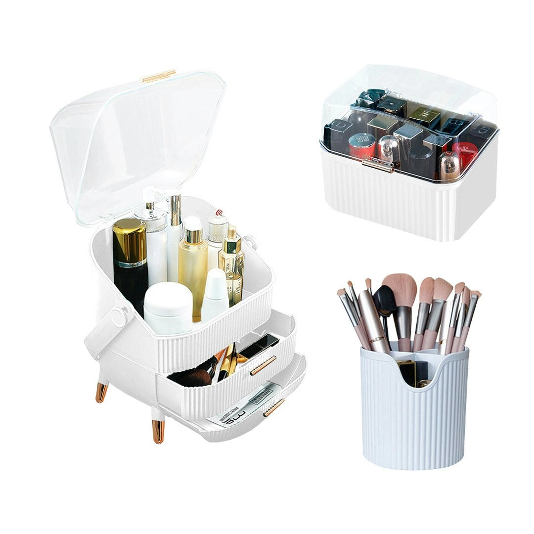 Soga White Cosmetic Jewelry Storage Organiser Set Makeup Brush Lipstick Skincare Holder Jewelry Storage Box with Handle