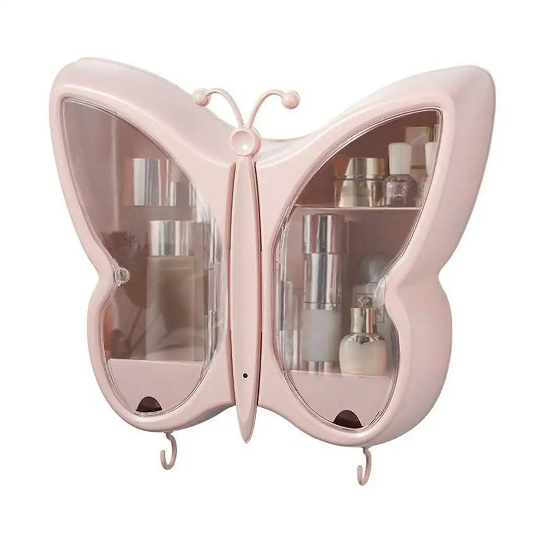 Soga Pink Butterfly Shape Wall-Mounted Makeup Organiser Dustproof Waterproof Bathroom Storage Box Home Decor