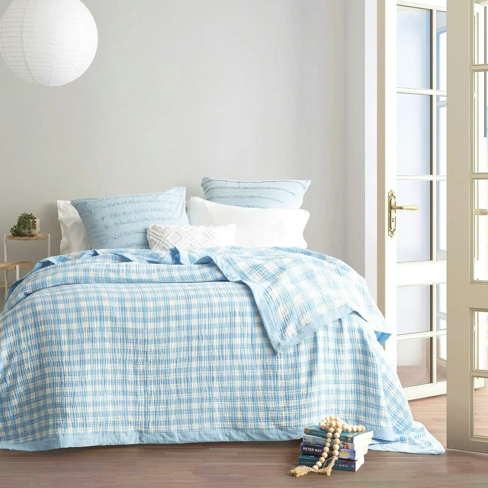 Blanket Washed Cotton Gingham Reversible French Blue